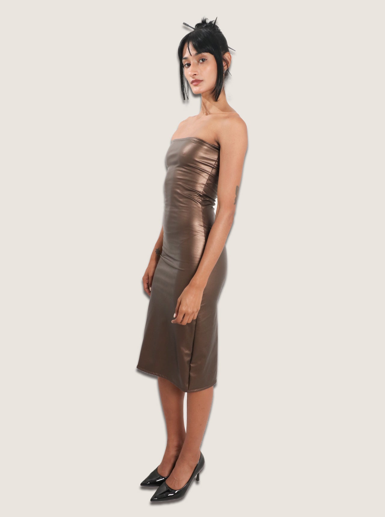 Vestido cuerina café strapple