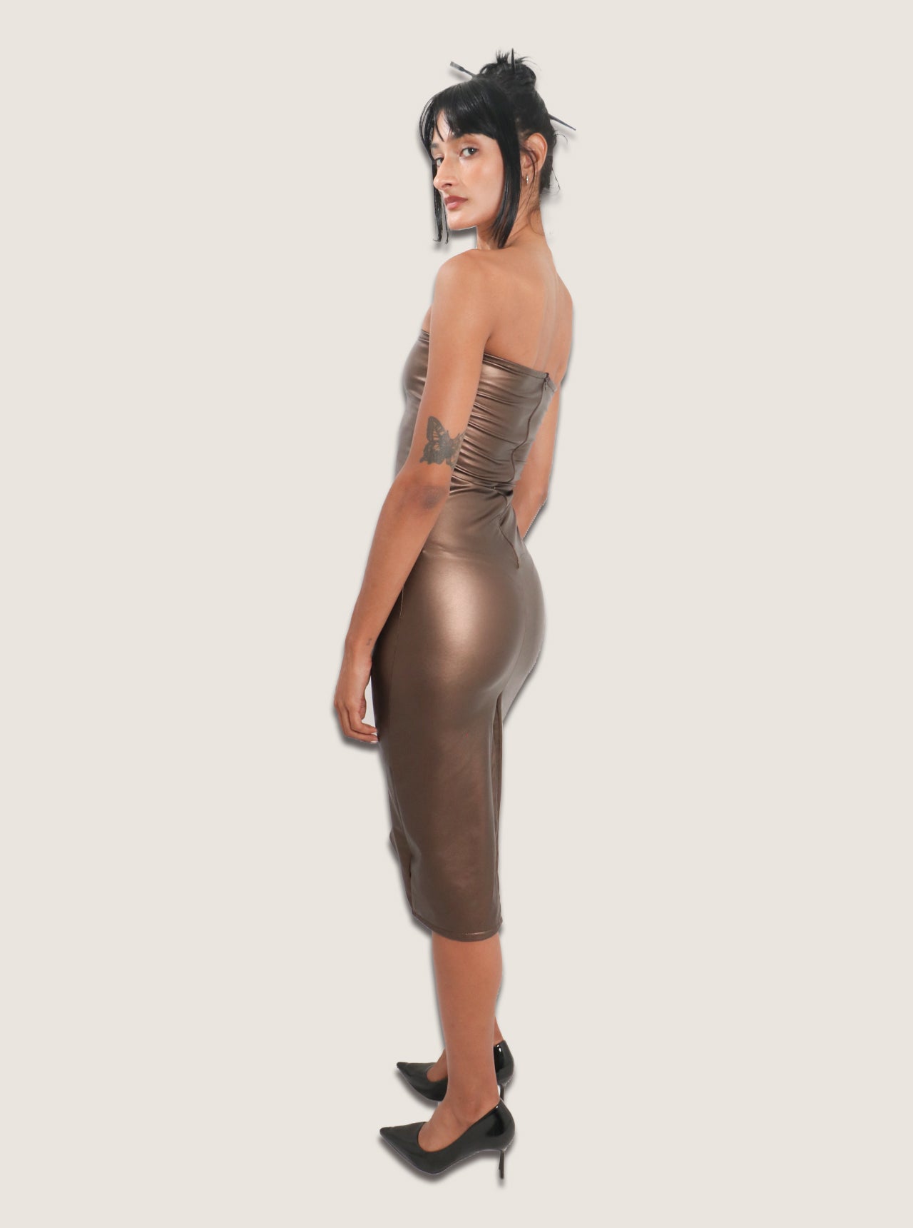 Vestido cuerina café strapple
