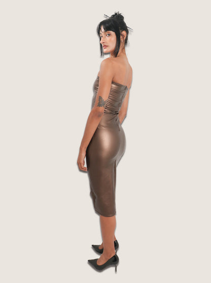Vestido cuerina café strapple